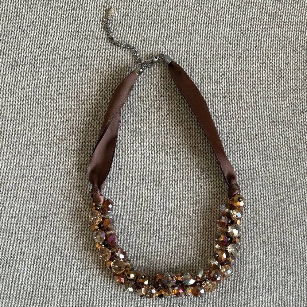 Ali-Khan New York Brown Beaded Satin Ribbon Short Necklace